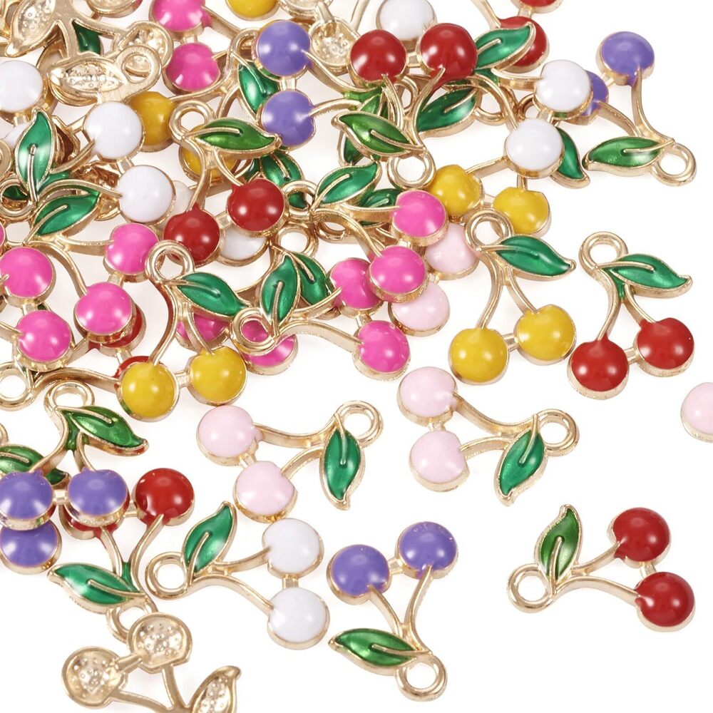 8399 60Pcs Cherry Enamel Charms Gold Plated Alloy Cherry Fruit Pendants 6